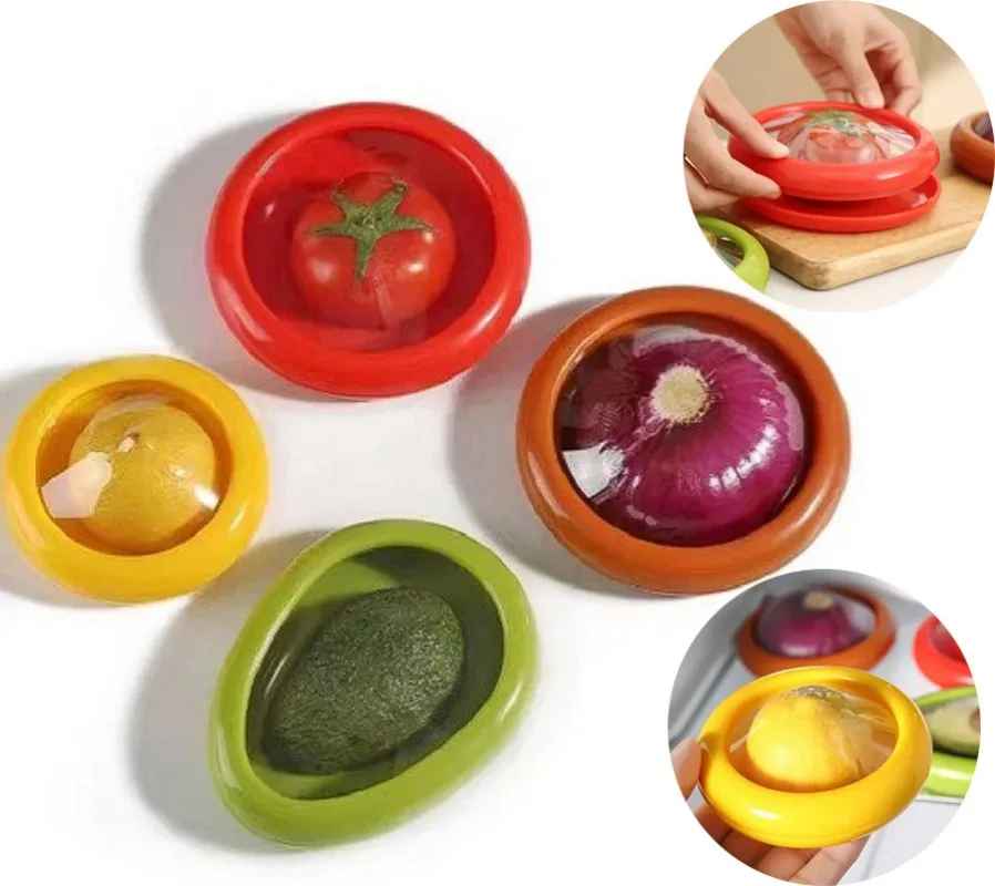 Fruit and Vegetable Preserves Clear Lid Containers - Red Green Orange Yellow Sealed Keepers for Avocado Tomato Onion Lemon