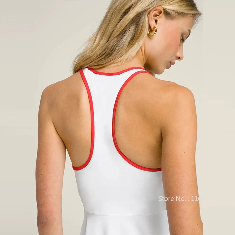 Women One-piece Tennis Dress Round Neck Racerback Dresses with Inner Separate Shorts Pockets Sleevesless Sports Skorts XS-XL