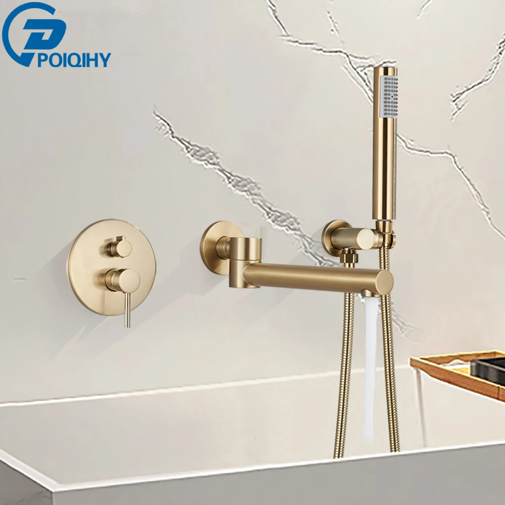 Brushed Gold Bathtub Faucet Wall Mounted Rotating Spout Bath Shower Tap Wall Mounted Bathroom Tub Water Tap Shower Mixer Faucet 2