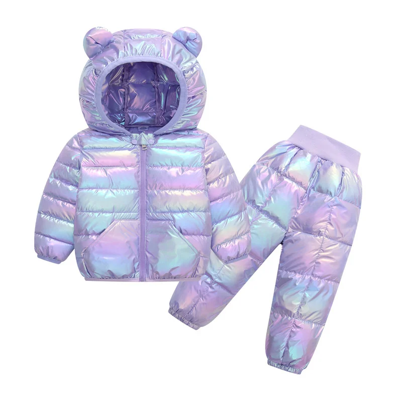 Kids Shiny Bear Ear Hooded Puffer Set Toddler 2 - Piece Metallic Coat & Pants Outfit 1-5Y