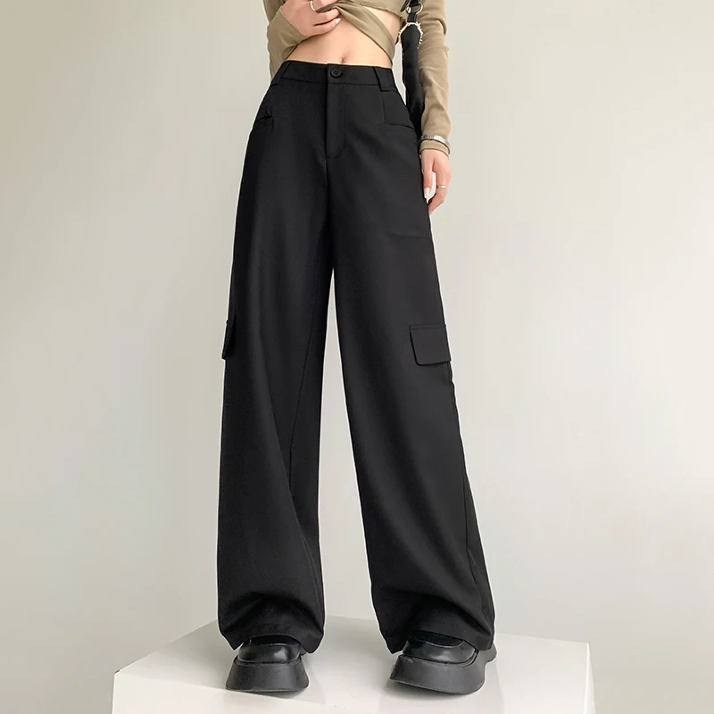 

Chic Women Casual Loose Straight Cargo Pants 2023 Autumn Pantalon Female High Waist Wide Leg Pockets Suits Pants Trousers WP38