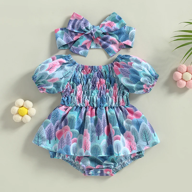 

Baby Girl Romper, Short Sleeve Boat Neck Tree Leaf Print Summer Short Jumpsuit Bodysuit + Head Band
