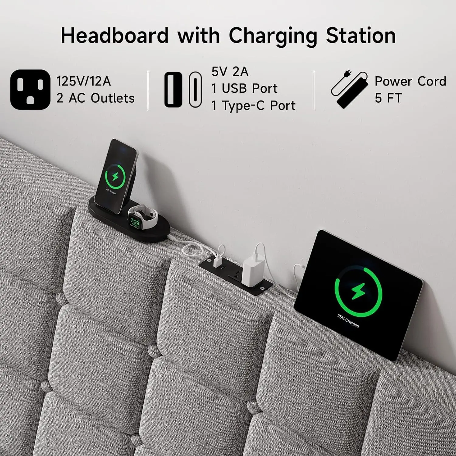 Headboard Queen Size w/Charging Station, Linen Wingback Headboards w/Storage Pocket, Queen Headboard Only, Bed Frame Adapters