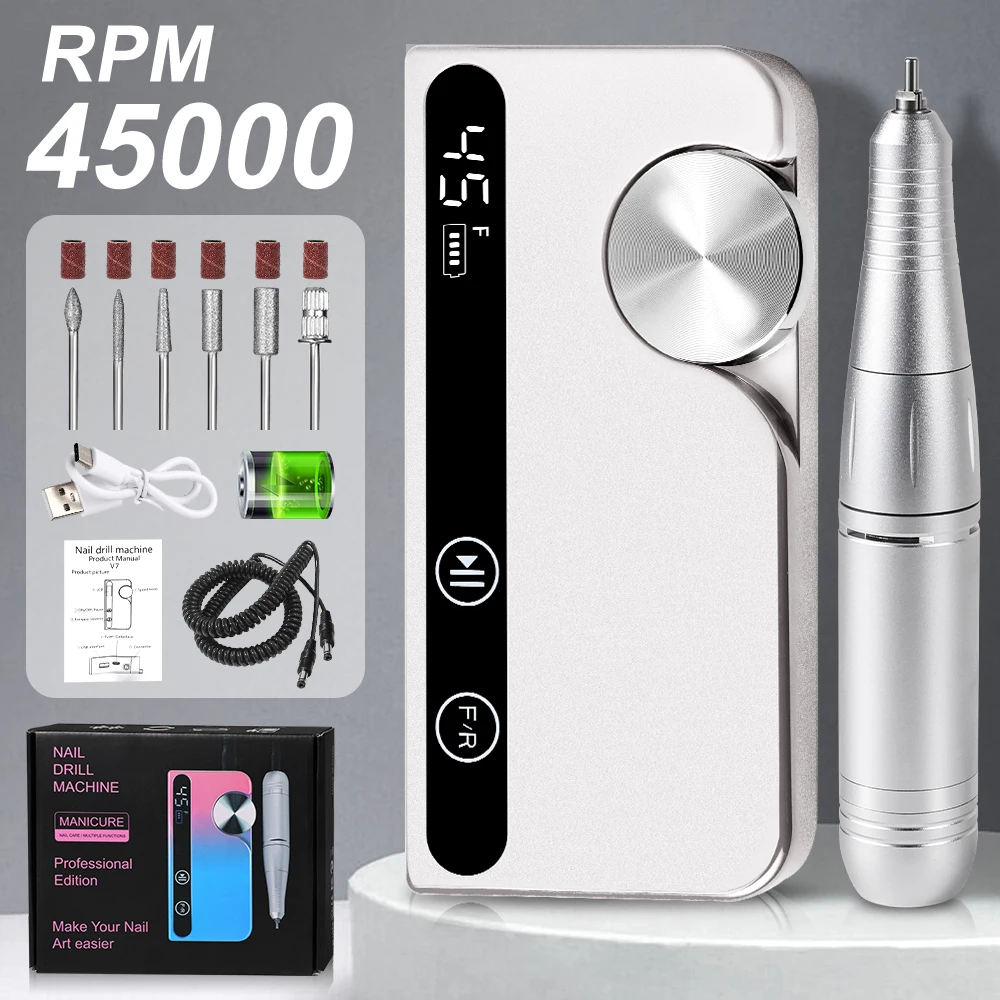 45000RPM Rechargeable Nail Drill Professional Low Noise Polishing Nail Machine Suitable for Gel Polish Polishing Tool