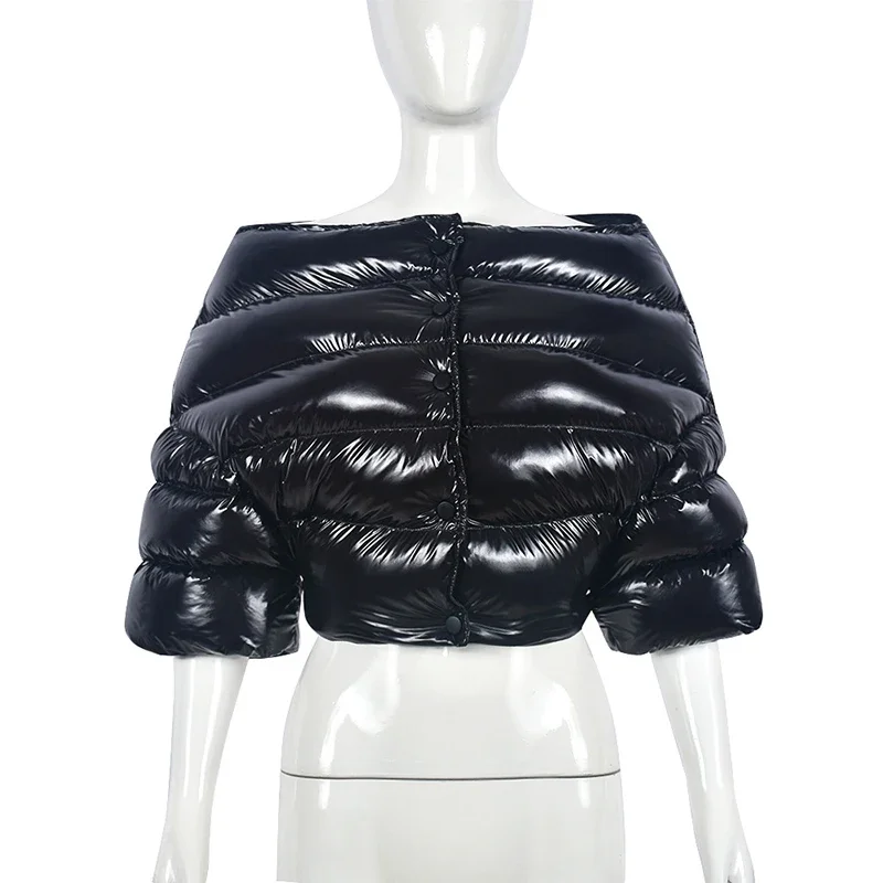Women Shiny Black Off-the-shoulder Cropped Puffer Jacket High