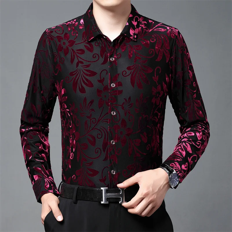 Men Red Long Sleeve Slim Fit Transparent Shirt Flower Print Velvet Shirt Club Party