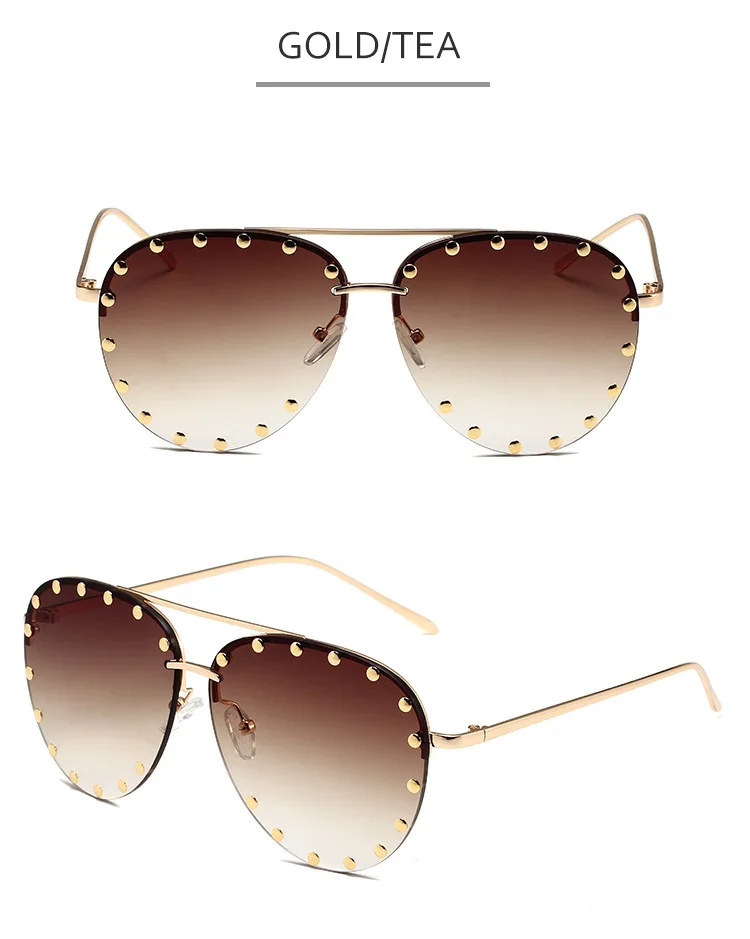 Vintage Metall Doppel Brücke Pilot Sonnenbrille Frauen Luxus Marke Designer Beliebte Punk Niet Mode Im Freien Sonnenbrille UV400 – Detail 7