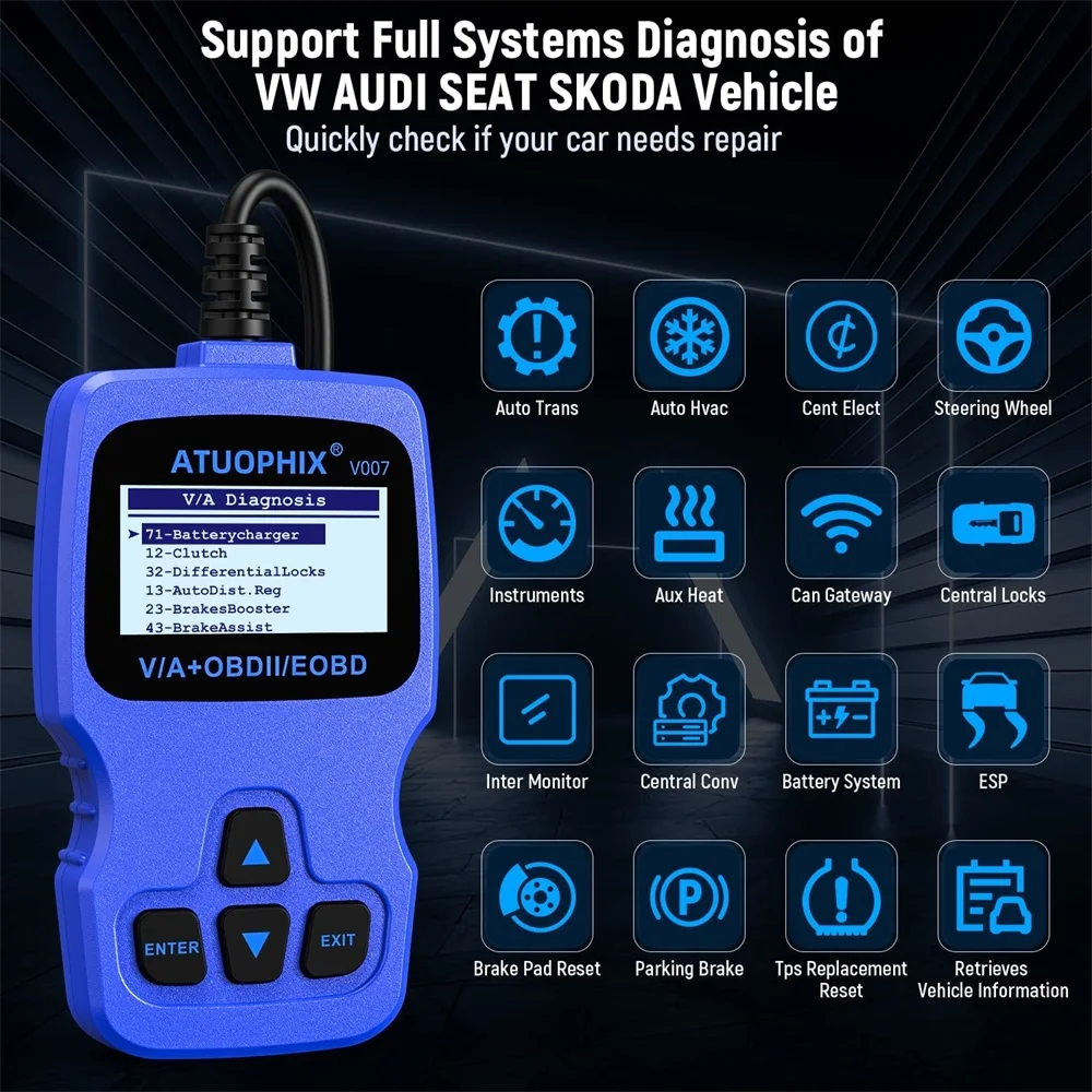 Autophix V007 OBD2 Automotive Scanner Car Diagnostic Tool for Golf 4//5/6/7 T5 Polo Passat b5 b6 ABS EPB Oil Reset Scan Tool 2
