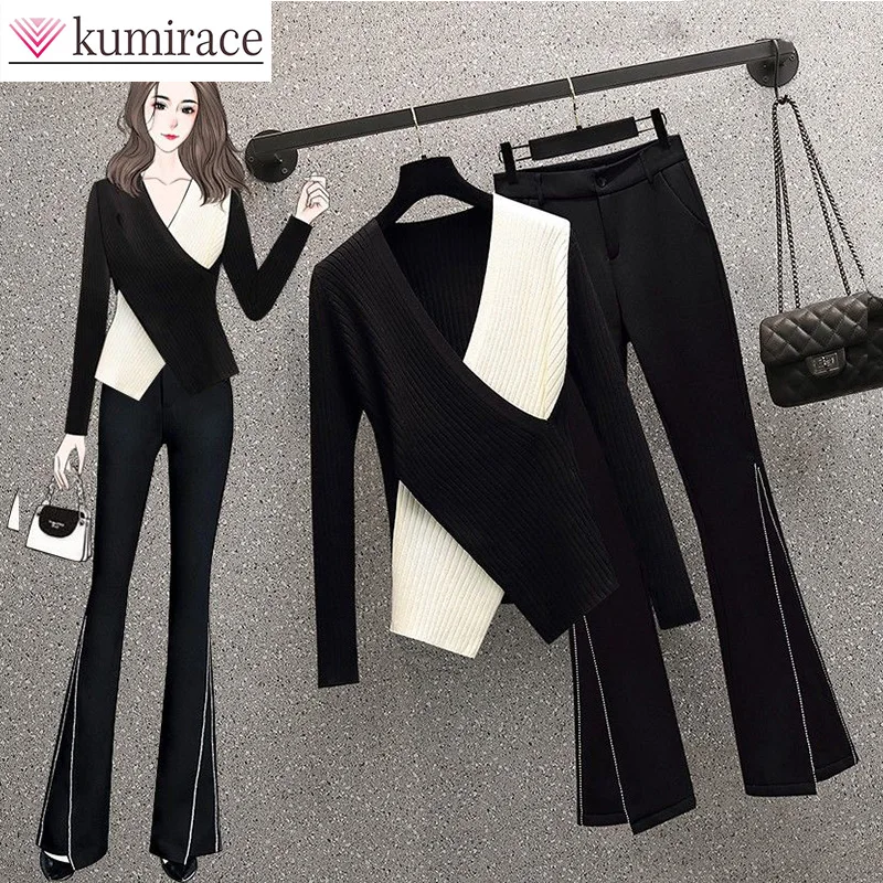 Oversized Spring and Autumn Women's Fashion Design V-Neck Knitted Top Micro Flared Black Pants Slim Two Piece Setclothes for Wom elmsk spring and autumn new men s leggings casual pants nordic style loose fashion solid color micro elastic multi pocket workwe