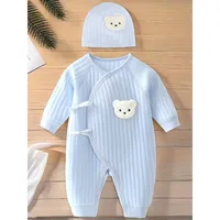 Barboteuse en coton avec chapeau pour nouveau-né, combinaison pour bébé garçon et fille, ours de dessin animé mignon, toutes saisons 3