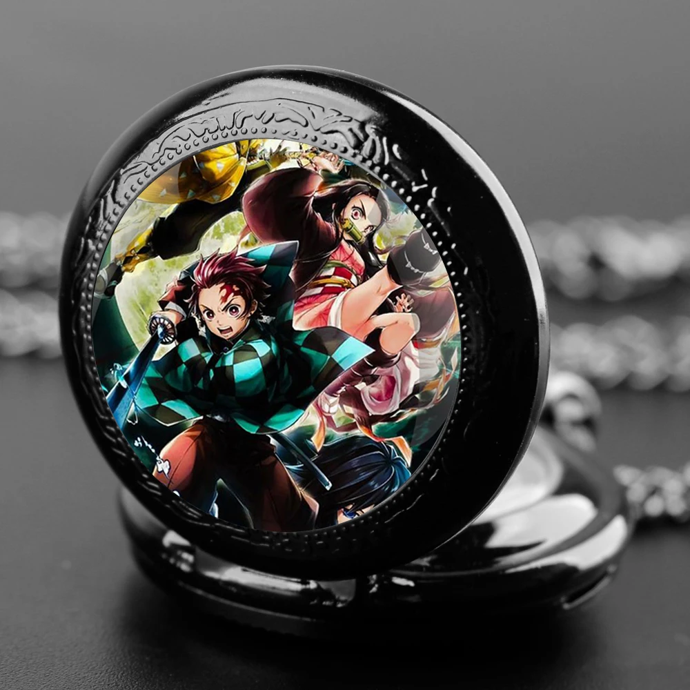 Demon Slayer Tanjiro Nezuko Quartz Pocket Watch for Women Men Necklace Unique Pendant Black Clock Chain Watch Gift Accessories