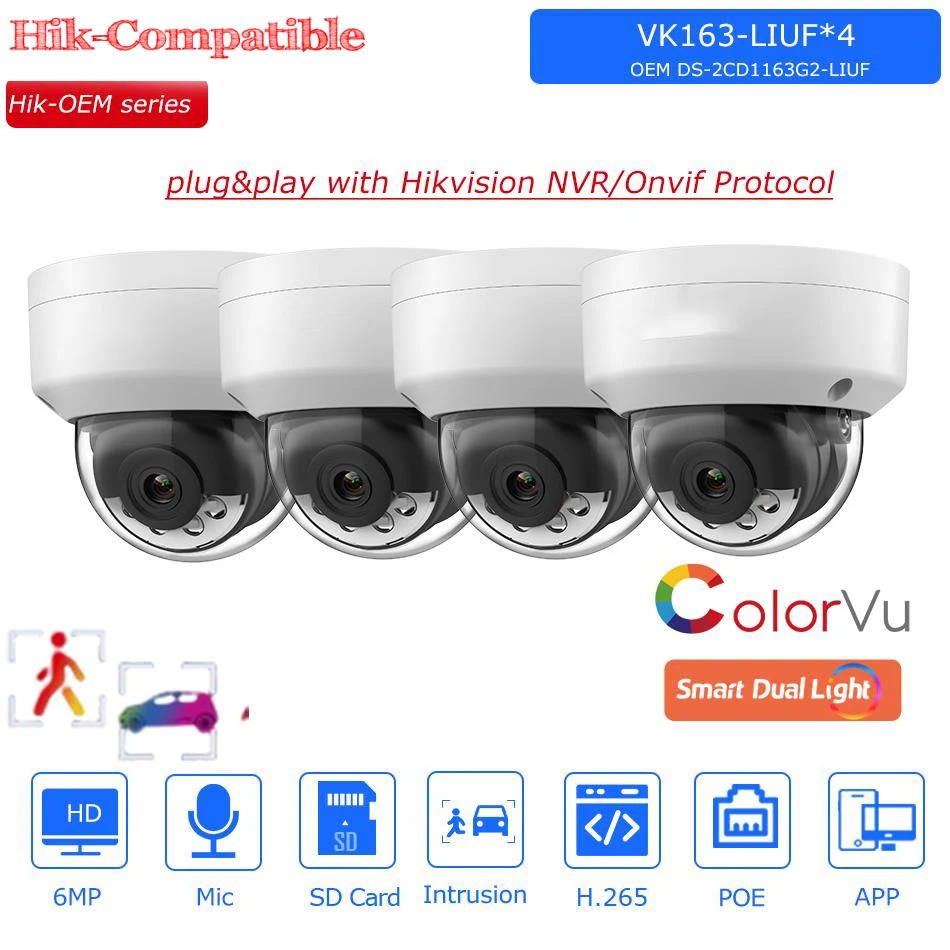 4PCS OEM Hikvision 6MP Acusense Dome IP Camera Built-in Mic slot