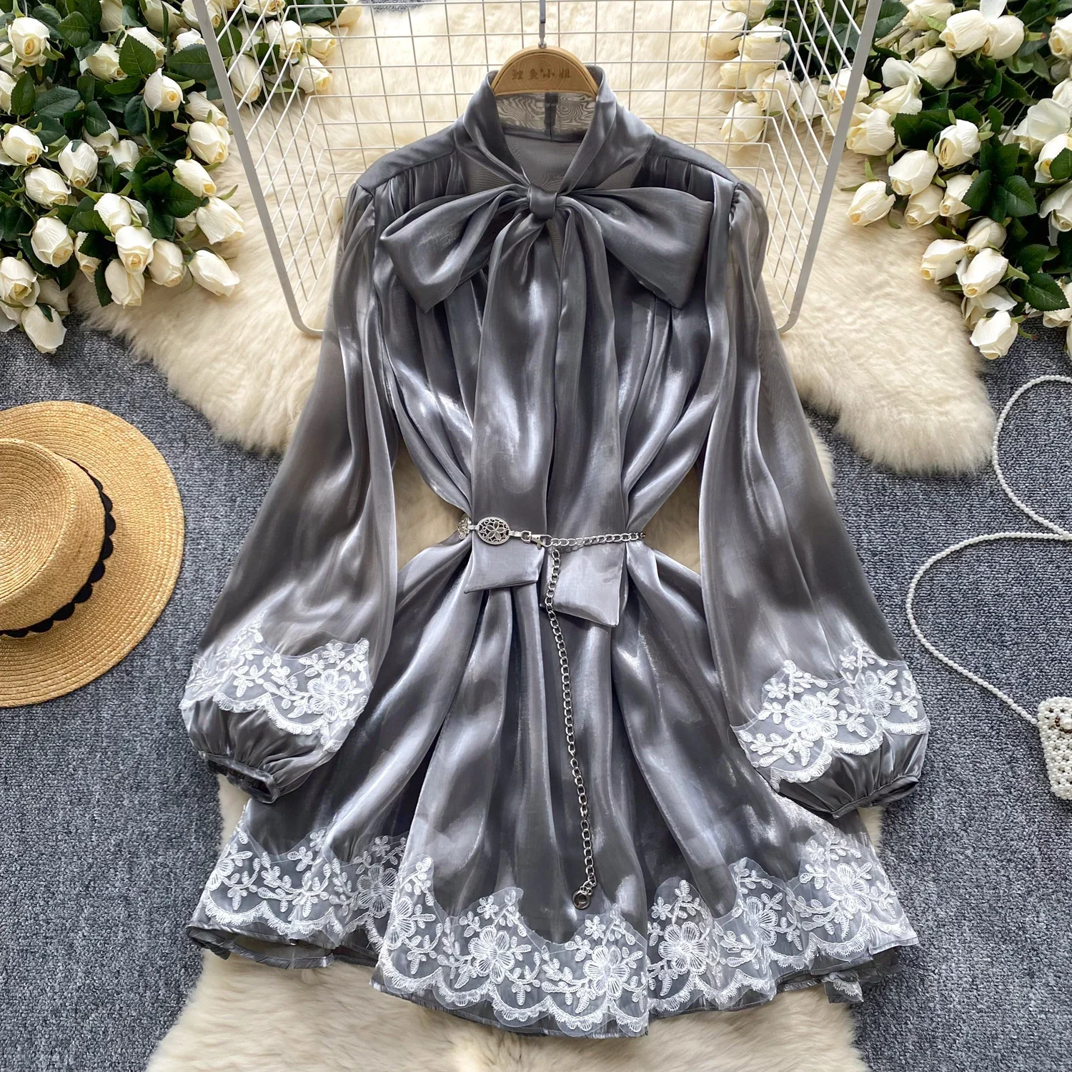 Chic Long Sleeve Chiffon Dress Women Chic Elegant Bow Lace-up