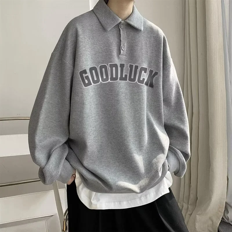 Preppy Style Good Luck Letter Printed Polo Felpe Uomo Waffle Casual Turn-Down Collar Sudaderas Y2K Streetwear Abbigliamento