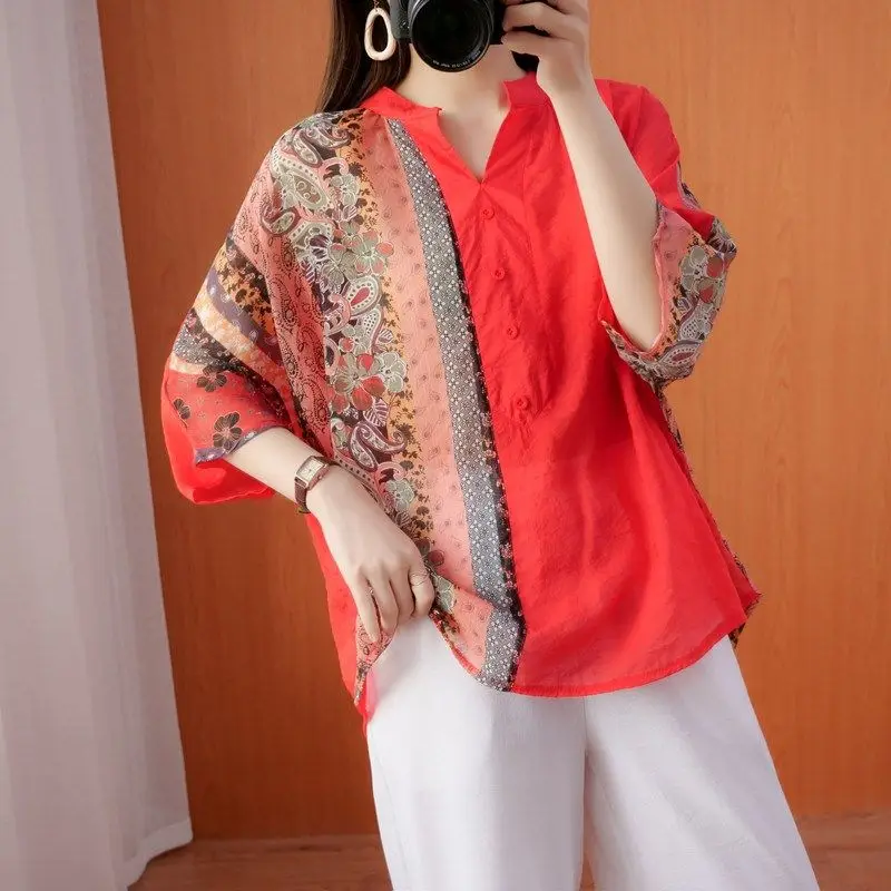 

Female Casual Fashion Printed Spliced Loose Tops Summer Womens Clothing Simplicity Commute 3/4 Sleeve All-match V-Neck T-shirt