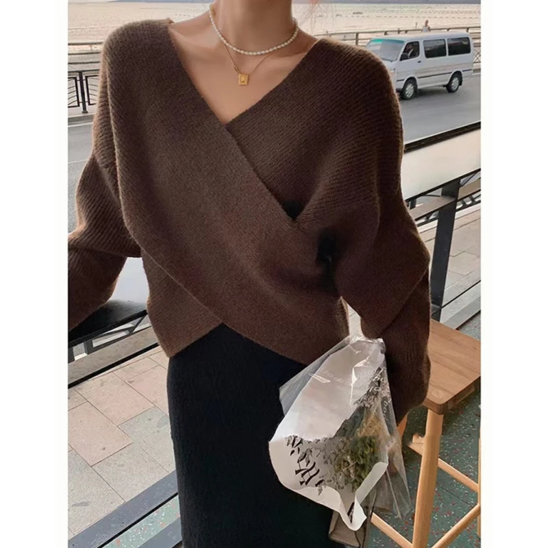 New Autumn and Winter Fashion Women's Clothing Retro Loose Women's V-neck Knitted Sweater Cross Design Long-sleeved Top Knitwear