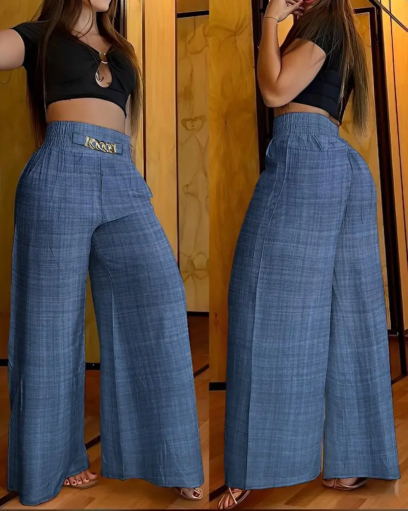 

Summer Waist Wide Leg Straight Pants Women Chain High Casual Pocket Design Elegant Vacation Long Pants Streetwear Loose Trousers