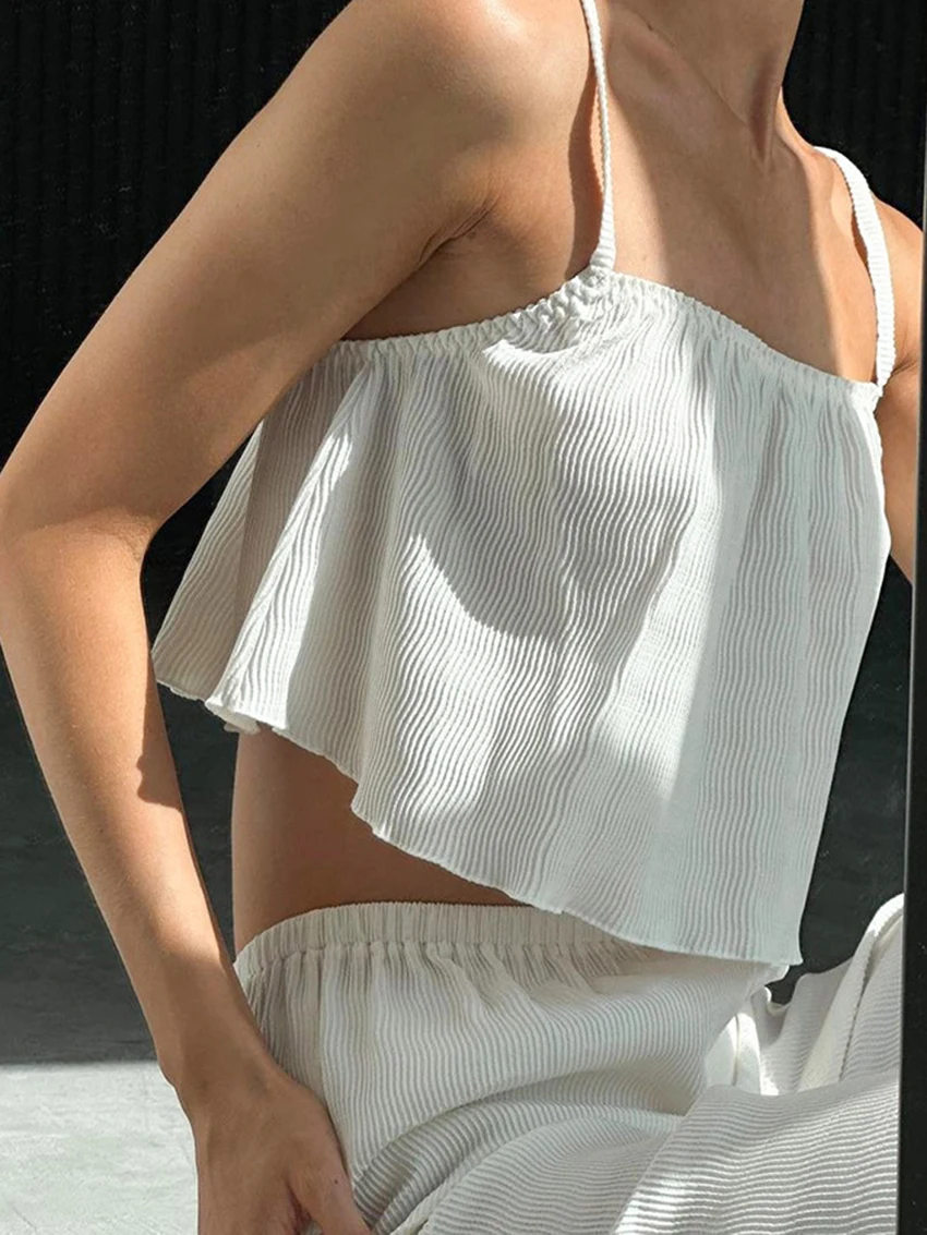 Marthaqiqi Home Clothes Women Spaghetti Strap Sleepwear Crop Top Pajamas Tank Tops Nightgowns Pants Casual Female Nightwear Suit