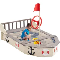 Large Wooden Sand Box Red Flag Rudder Lifebuoy Decoration Anchor Sign Bench Seats Storage Sand Pit for Beach Outdoor Light Wood 1