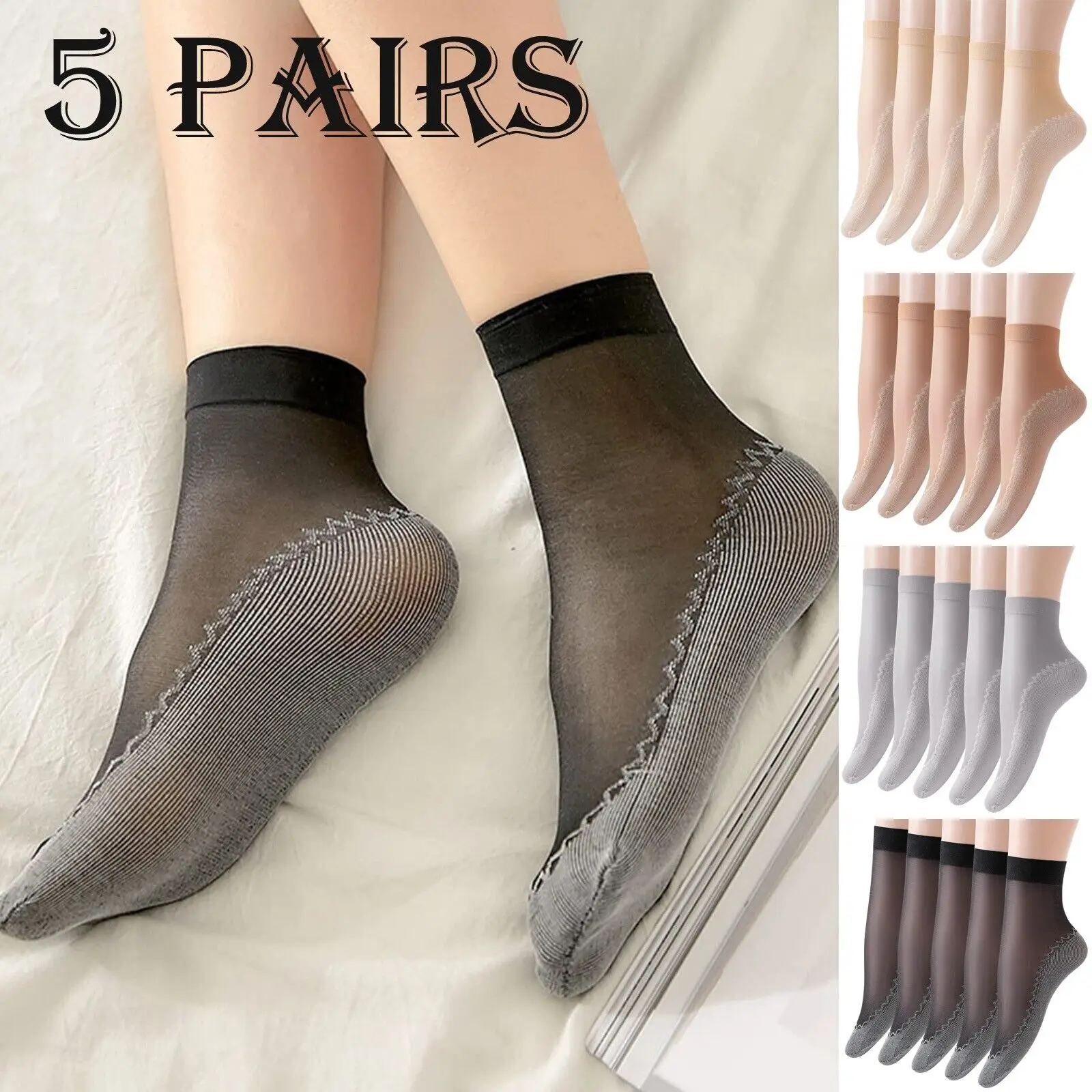 

5Pairs Women Soft Socks Casual Non-Slip Bottom Splice Spring Autumn Transparent Ladies Girls Velvet Breathable Thin Silk Sock