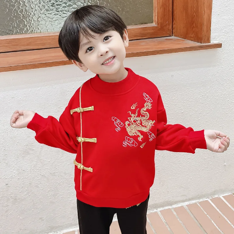 Kids Winter New Year Outfits Cotton Boys Round Collar Dragon Embroidery Tang Suit Girls Chinese Lovely Thick And Quilted