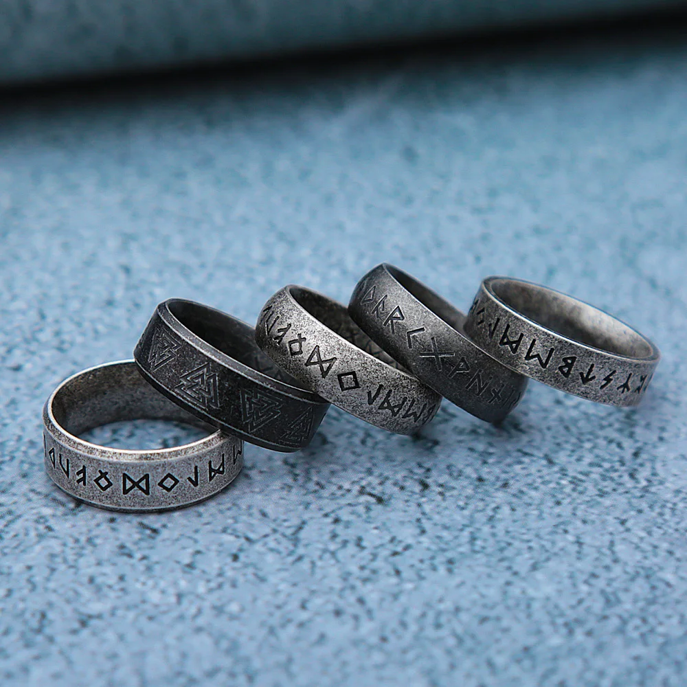Punk Simple Street Style Men Double Letter Rings For Men Fashion Retro Stainless Steel Viking Odin Rune Ring Jewelry Wholesale
