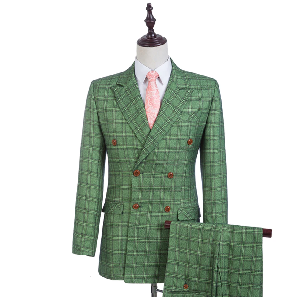 Tailored Slim Fit Man Suit Green Damier Check Groom Tuxedos Groomsman Suit Worsted Wool Business Jacket+pants+vest