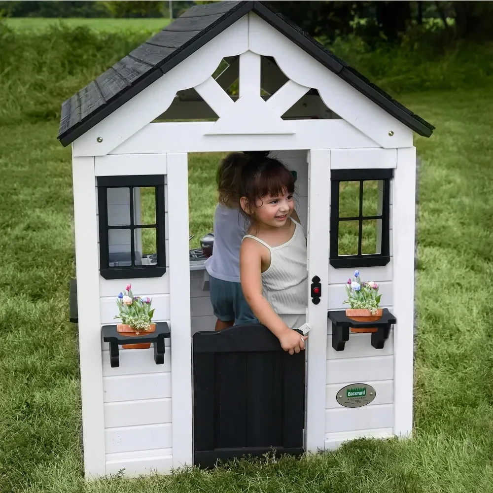 Outdoor Playhouse, Cottage, Sink, Stove, Windows, Kitchen with Pot and Pans and Utensils, Flowerpot Holders, Working Doorbell 3