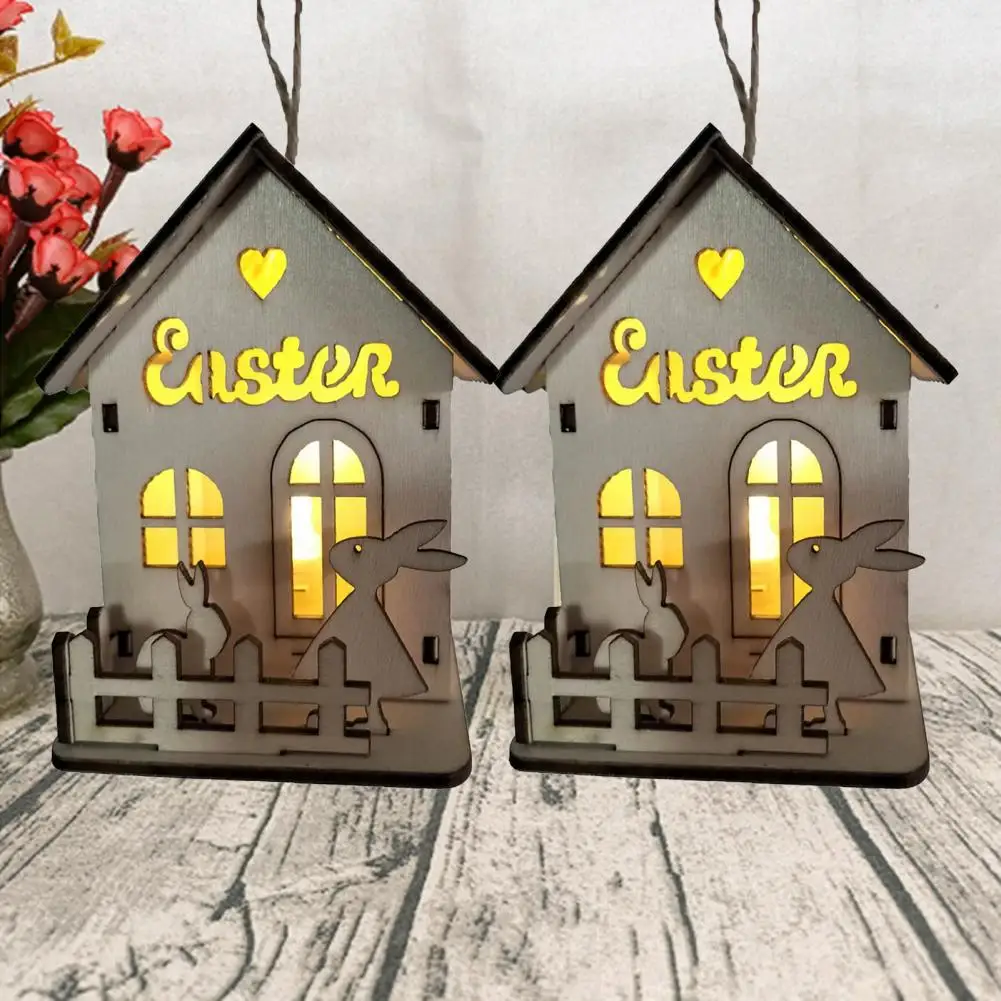 

Wooden House Ornament Lanyard Easy to Hang Decorative Burr Free LED Glowing Wooden House Easter Pendant Gift Party