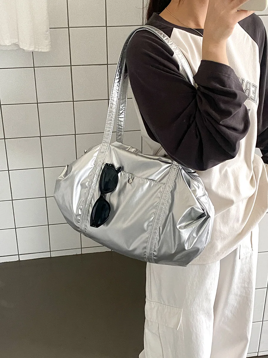 Fashion Silver Shoulder Bag Nylon Commuter Bowling Bags Large Capacity Korean Women's Handbag Summer Niche Solid Color Handbags