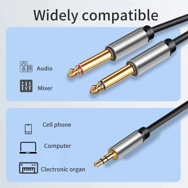 3.5mm to Double 6.5mm TRS Cable AUX Adapter Audio Cable 6.5 Jack to Stereo 3.5 Jack for Mixer Amplifier Speaker 6.35mm Adapter - 6