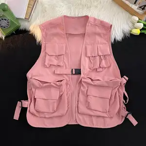 Men Warm Vest Coat Streetwear Cargo Vest with Multi Pockets Buckle Closure for Men Women Hop Style Unisex Waistcoat Men Vest