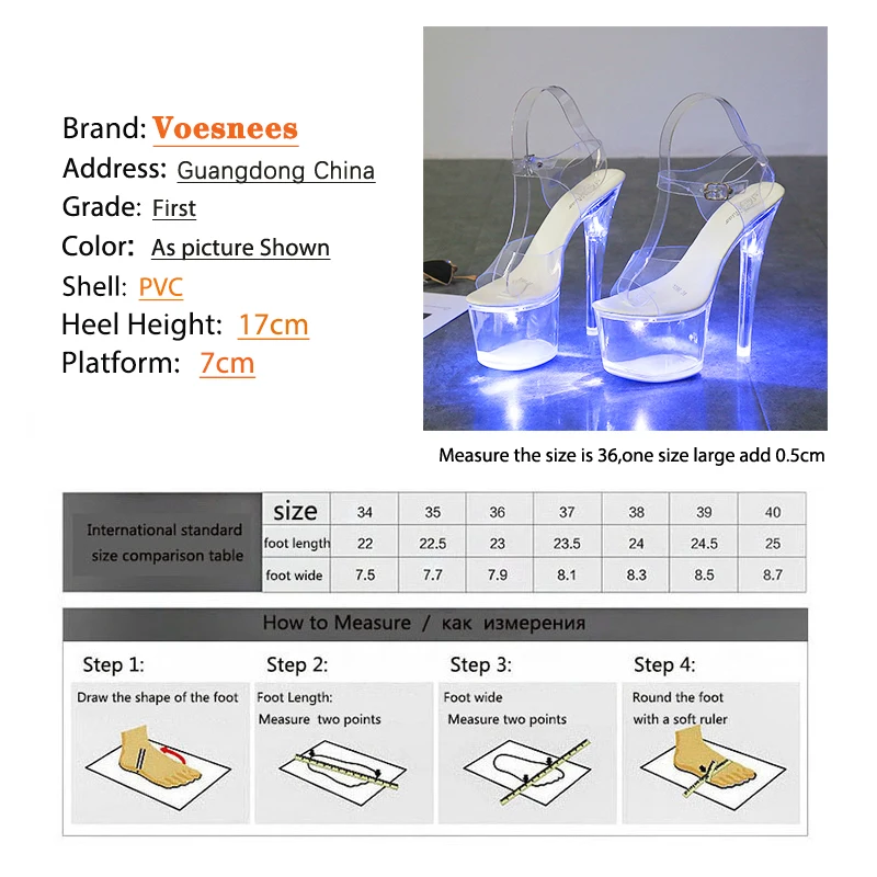 17CM Stripper Heels Women Glitter Shoes Clear Heel Light-emitting PVC Platform Sandals LED Light Buckle Strap Super High Heels women sandals women high heels