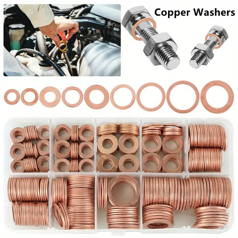

100/200pcs Copper Washer Gasket Nut Bolt Set Flat Ring Seal Assortment Kit With Box M4-M14 For Sump Plugs Red Copper Material