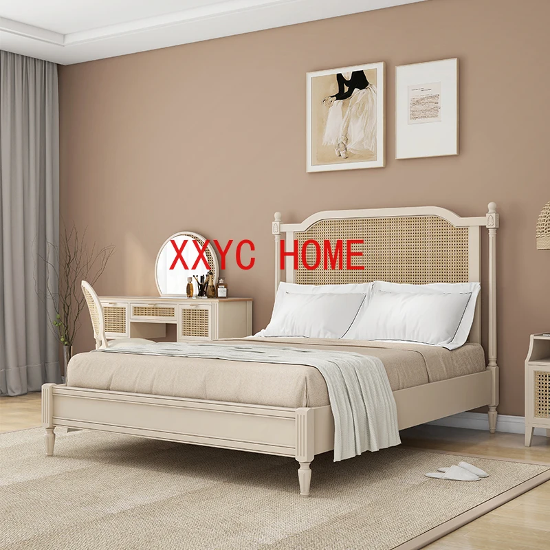

Nordic Simple Double Bed Ivory White Japanese Style Rattan Bed