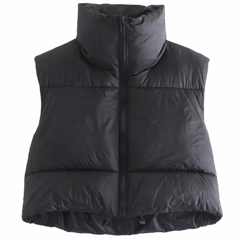 Women Stand Collar Crop Puffer Vest Lightweight Sleeveless Winter Warm Vest