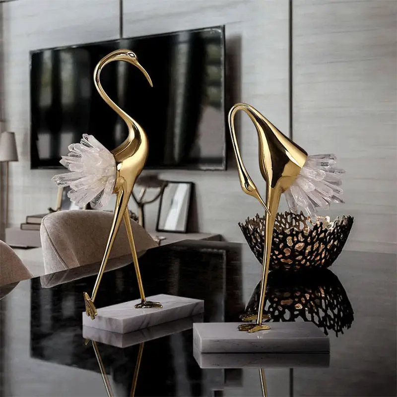 High Quality Home Natural Gold Crystal Cooper Crane Ornaments Nordic Table Bedroom Living Room Crane Bird Sculpture Decoration