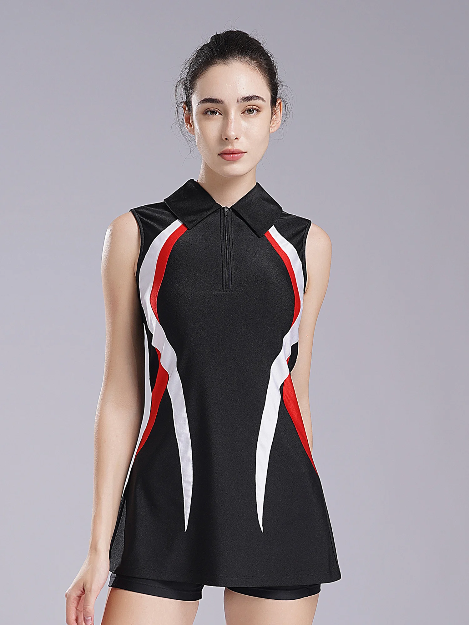 Womens Tennis Dresss Badminton Golf Outfit Sports Set Sportswear Outdoor Activities Sleeveless Zipper Athletic Dress with Shorts