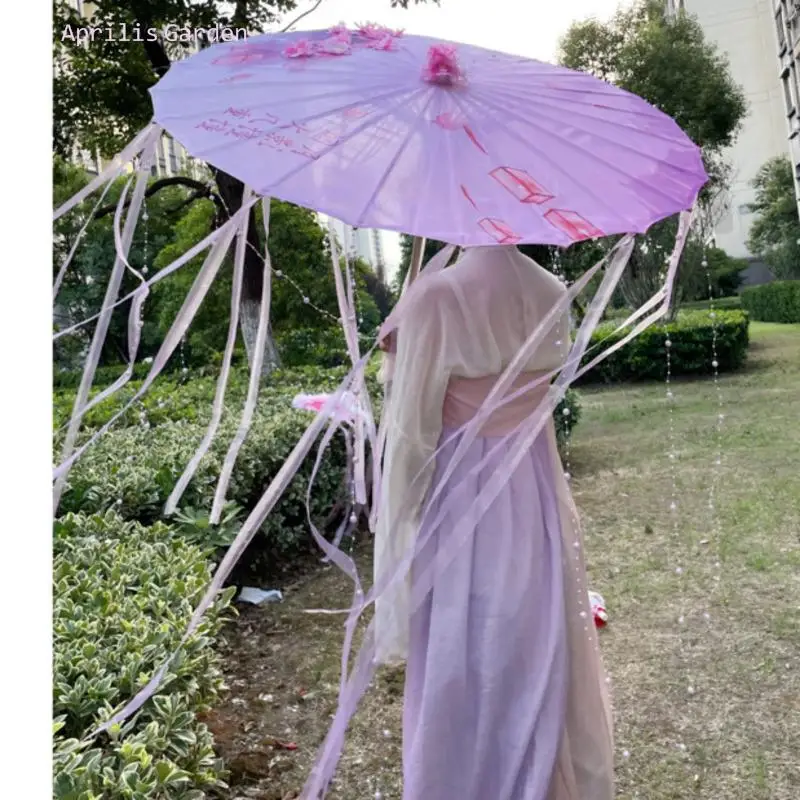 Purple Hanfu Oiled Paper Umbrella with Antique Tassels and Ribbons