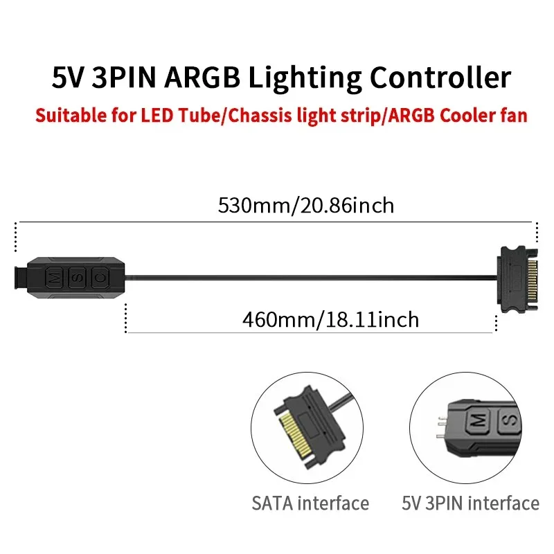 TEUCER LC-S50R 미니 어댑터 컨트롤러 ARGB 5V 3PIN-SATA 인터페이스 연장 케이블(PC 팬 라이트 스트립용 원격 제어 포함)