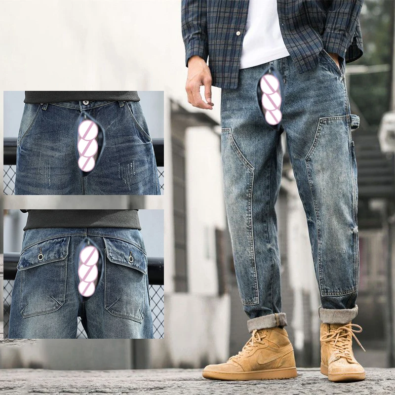 Autumn and Winter Cargo Pants Jeans Men's Clothing Outdoor Sex Open Crotch Erotic Pants Vintage Denim Trousers Loose Y2k Clothes