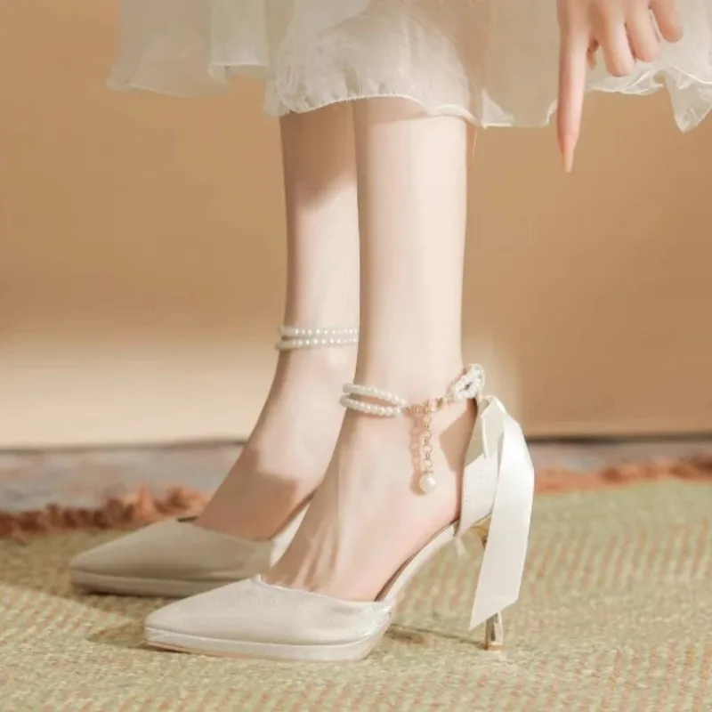 Women's Pumps Elegant White Pearls Ankle Strap Wedding Party High-heeled Vintage Pointed Silk Back Bowtie Stiletto Shoes
