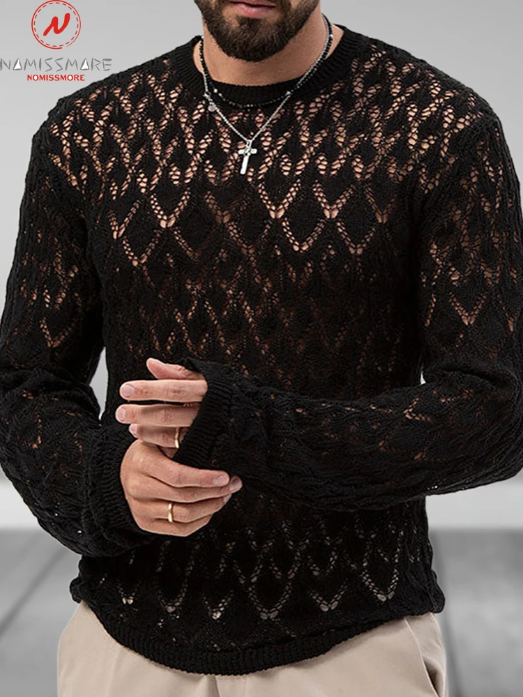 

Fashion Men Solid Color Sweaters Hollow Out Design See Through O-Neck Long Sleeve Autumn Casual Pullovers Knitted Top