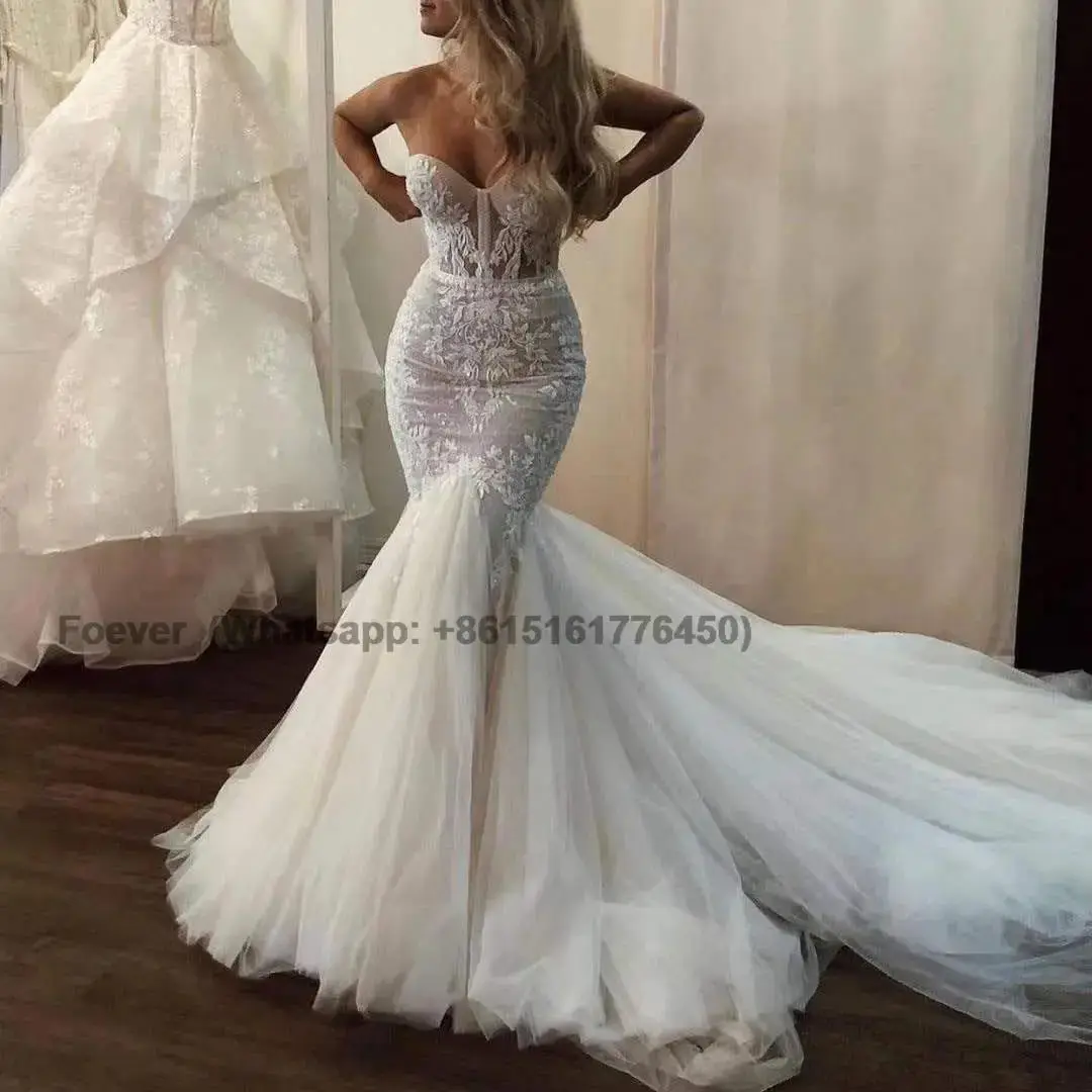 

White Fation Elegant Wedding Dresses Appliques Lace Mermaid Sweetheart Sleeveless Sweep Train Formal Bridal Dress Robe De Mariée