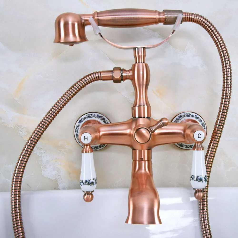 

Antique Red Copper Double Handle Wall Mounted Bathroom Bath Tub Faucet Set with 1500MM Hand Held Shower Spray Mixer Tap 2na331