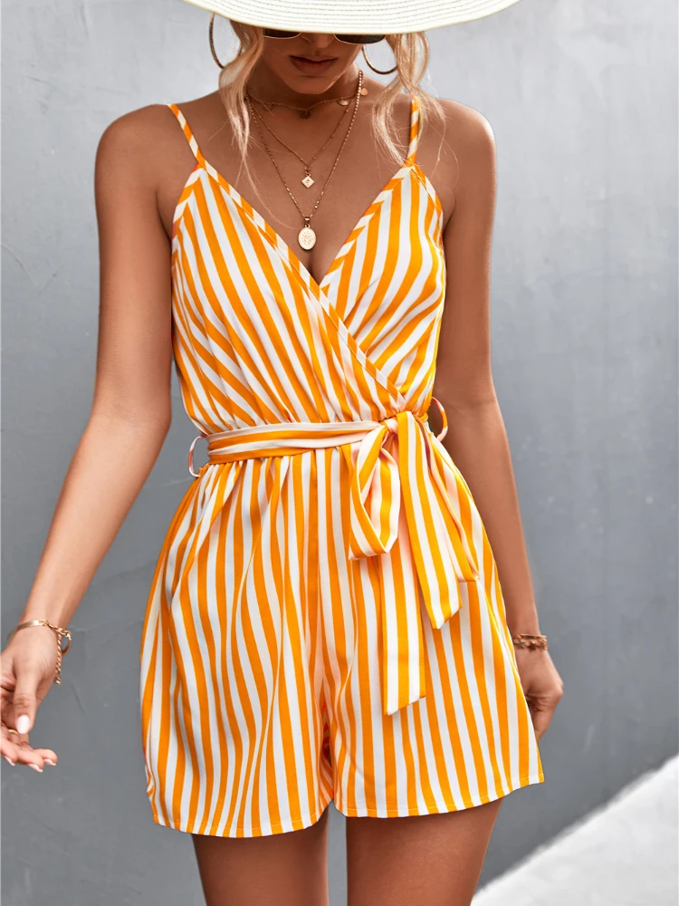 Sexy V-neck Striped Sling Jumpsuit for Women Suspender Casual Rompers&playsuits with Bandage Streetwear Women Jumpsuits