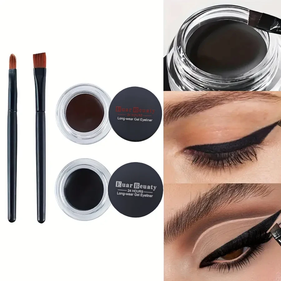 2-in-1 Gel Eyeliner Set Quick-Drying Long-Lasting Eyeliner, Ultra-Thin Angle Eyeliner Brush Eye Makeup Waterproof Beauty Set, Black, Brown