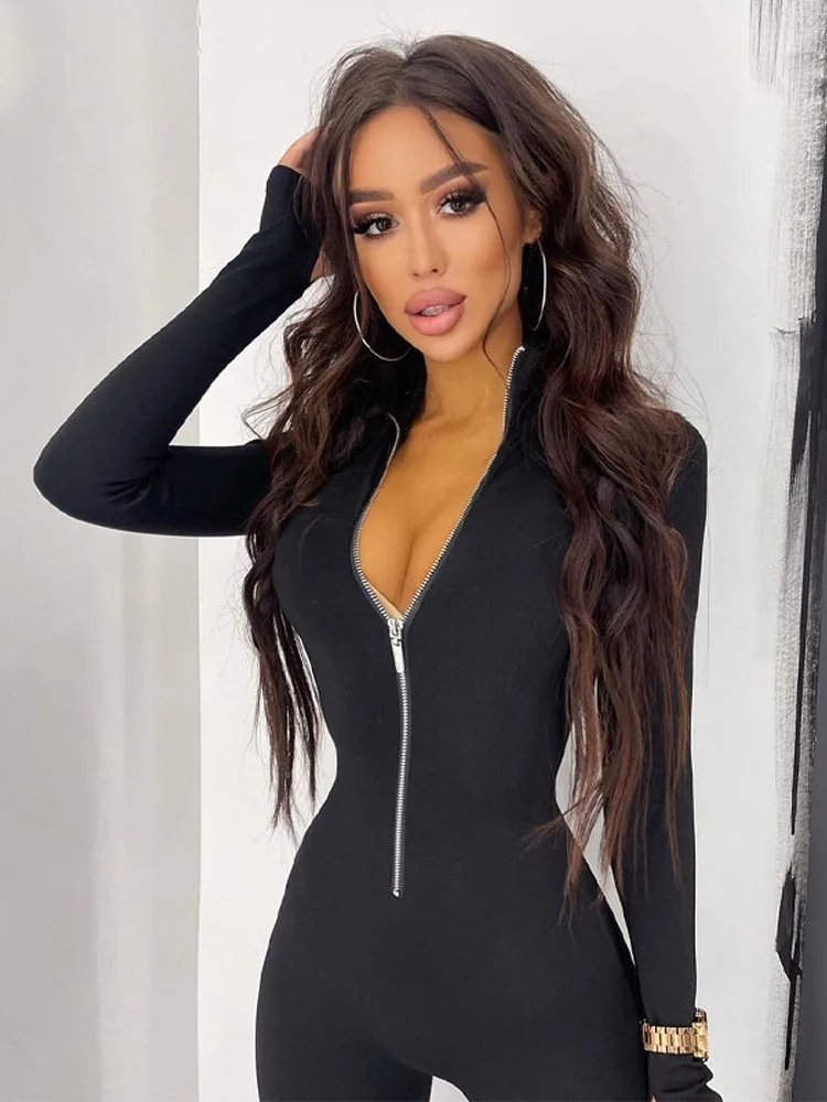 Solid Color Long Sleeved Women's Jumpsuit Sports 2023 Autumn Black Half High Neck Waist Wrap Slim Tight for Yoga Training, Run