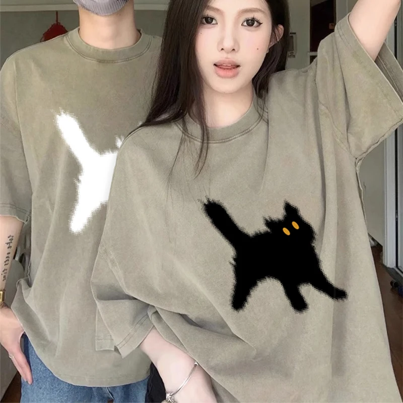 

Vintage Cat Print Short Sleeve Women Round Neck T Shirts Summer Fashion Cartoon Harajuku Oversized Couple Clothing Black White