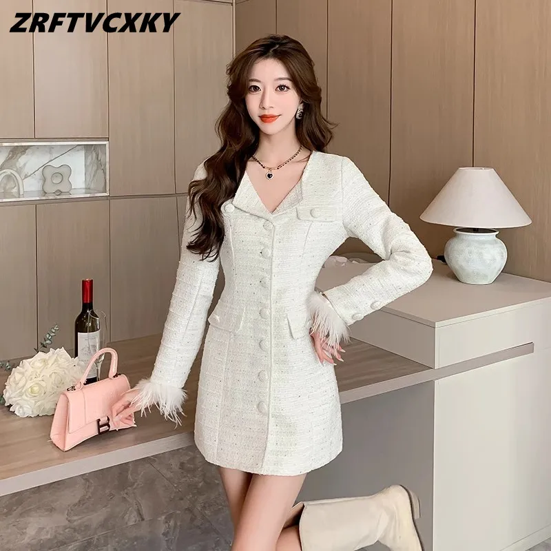 

2023 Autumn Winter Women Long Jacket Coat Ladies Designer Feather Decor Outwear High-End Cortos Vestidos Mujer Chaquetas